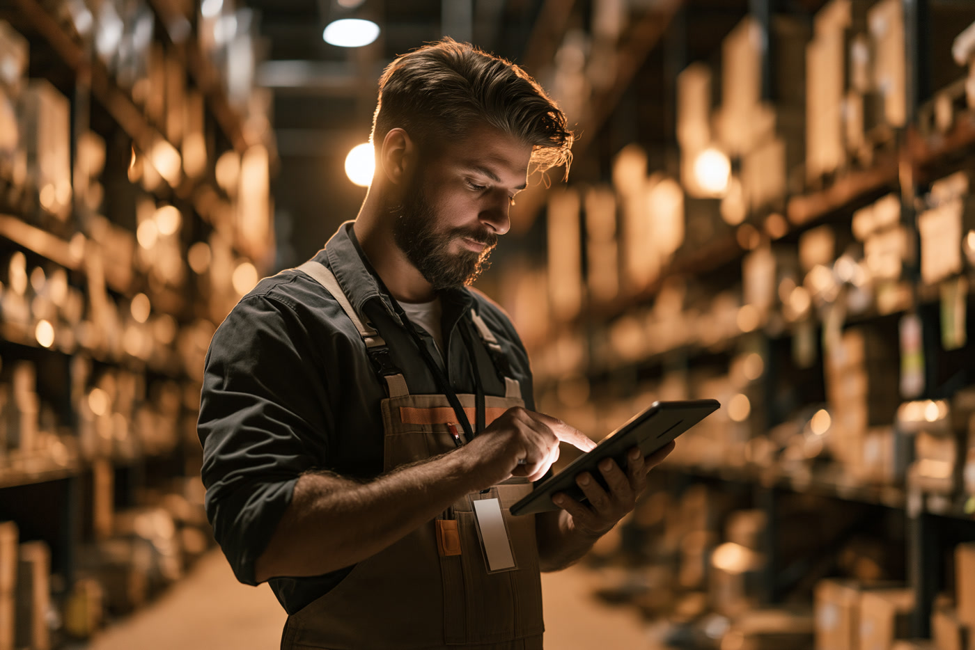 A warehouse technician with a tablet