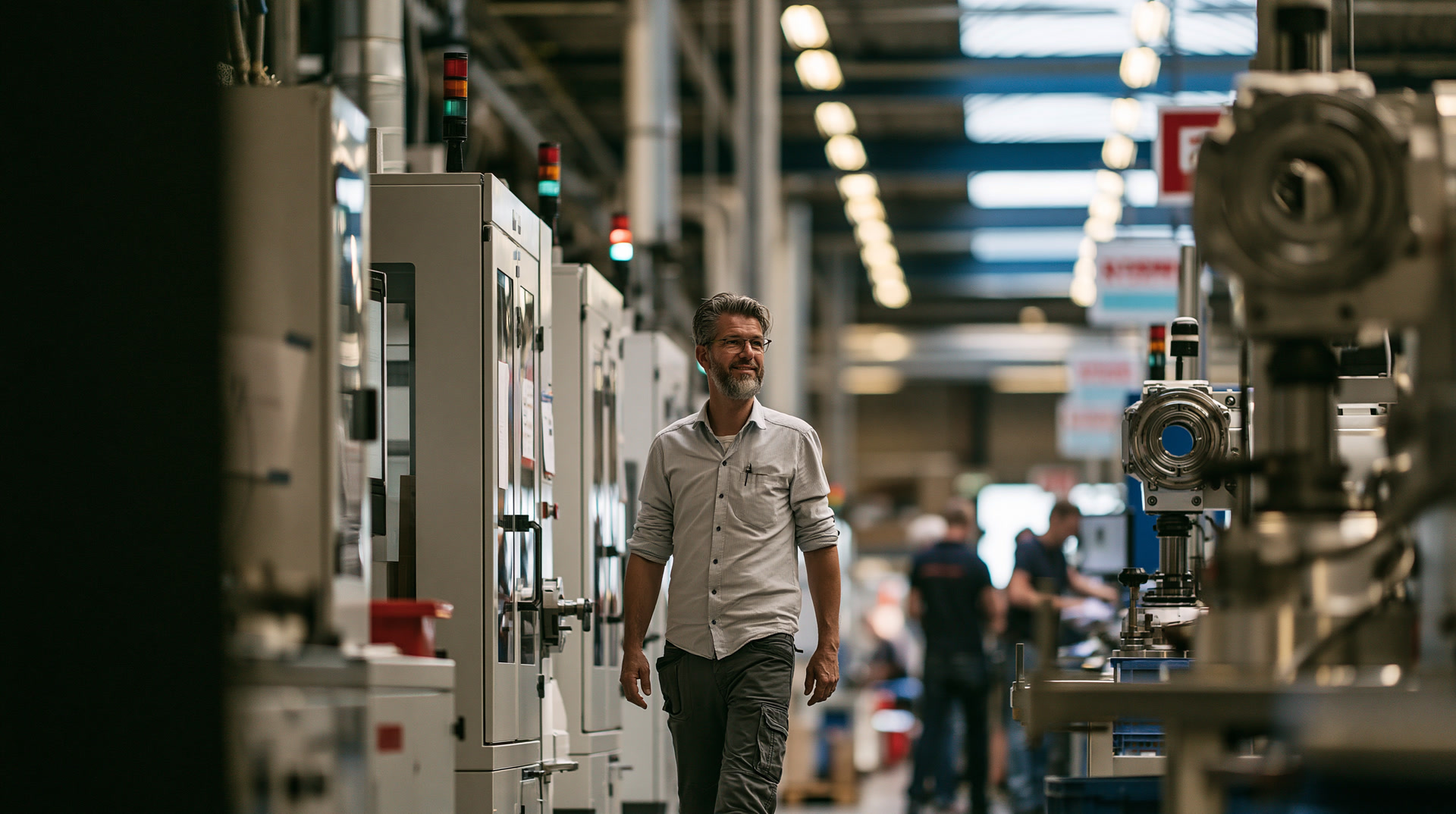 A supervisor walking a modern manufacturing floor