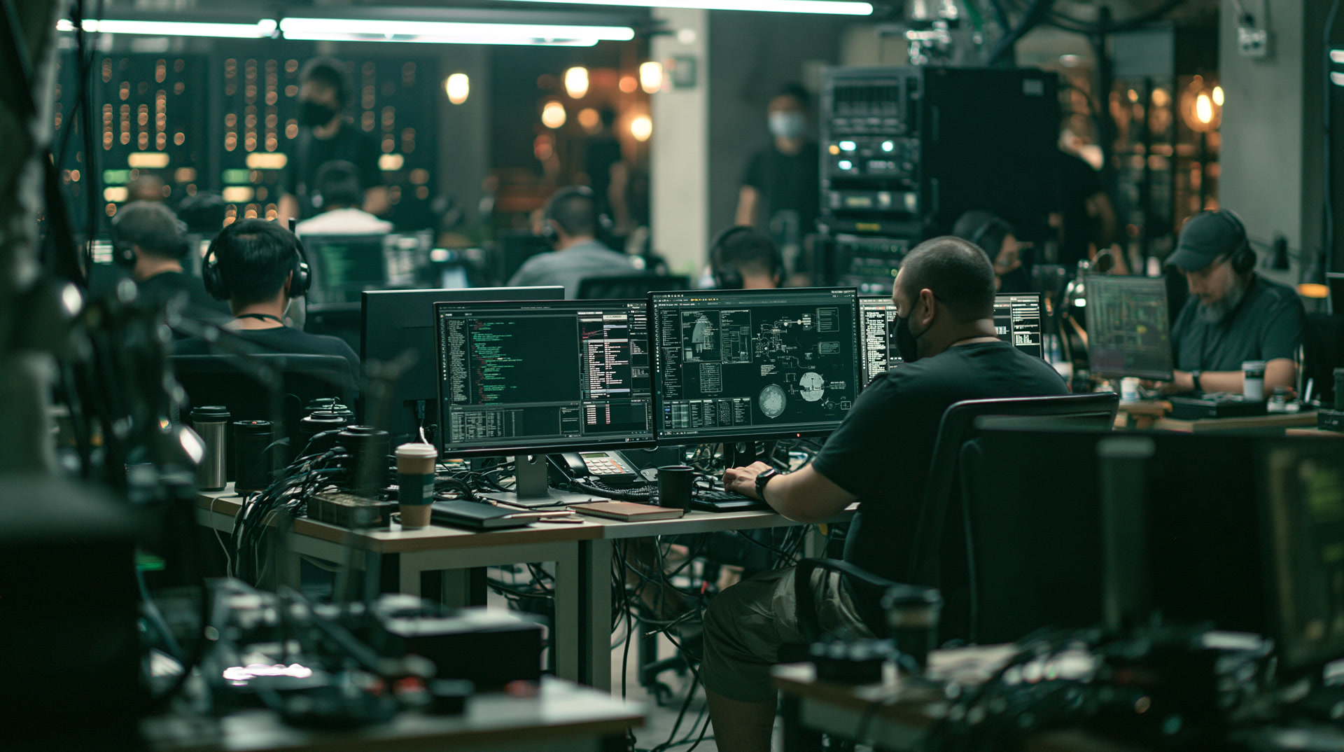Engineers working in a dark operations center