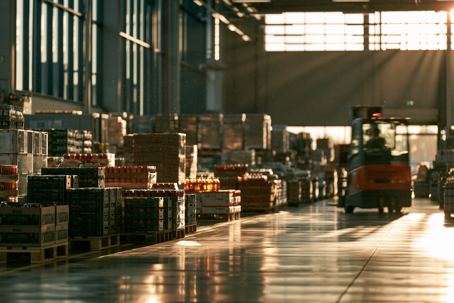 A sunlit distribution warehouse with a forklift